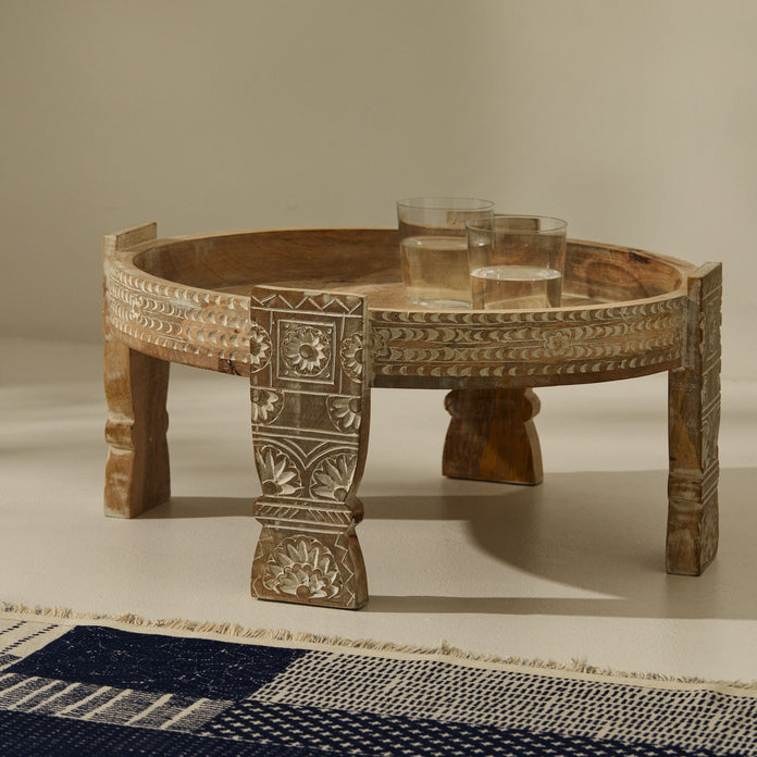 Tree Stripes Maala Hand Carved Chakki Accent Coffee Table (Whitewash) - Small