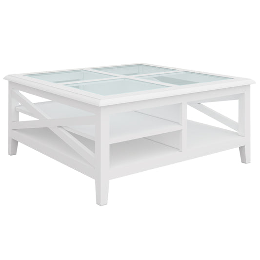 Daisy Coffee Table 100cm Glass Top Solid Acacia Wood Hampton Furniture - White