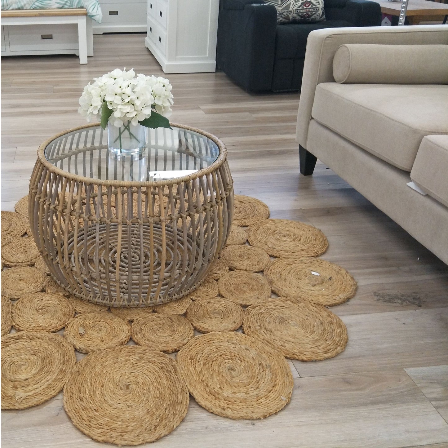 Sage 70cm Glass Topped Rattan Round Coffee Table - Natural